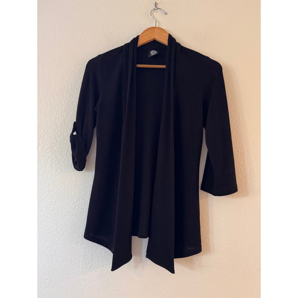Bobeau Shawl Open Front Cardigan Size MP Petite Black 3/4 Roll Tab Sleeve - Picture 2 of 8